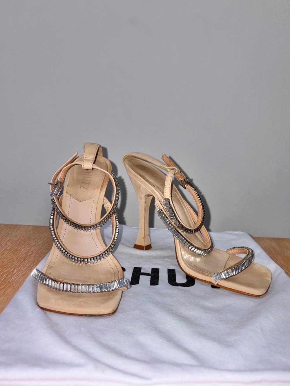 SCHUTZ Nude Strappy Heels with Silver Crystal Accents in Shoe Bag